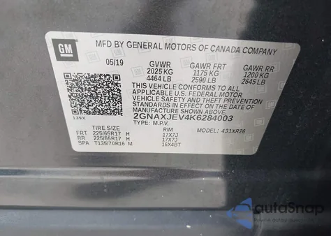 2019 Chevrolet Equinox Lt from USA, damaged, VIN 2GNAXJEV4K6284003